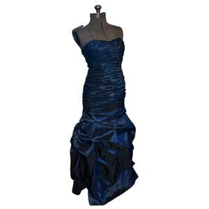 Jump Apparel Navy Strapless Prom Gown 7/8 Beaded Corset Ruched Mermaid Dress Y2K
